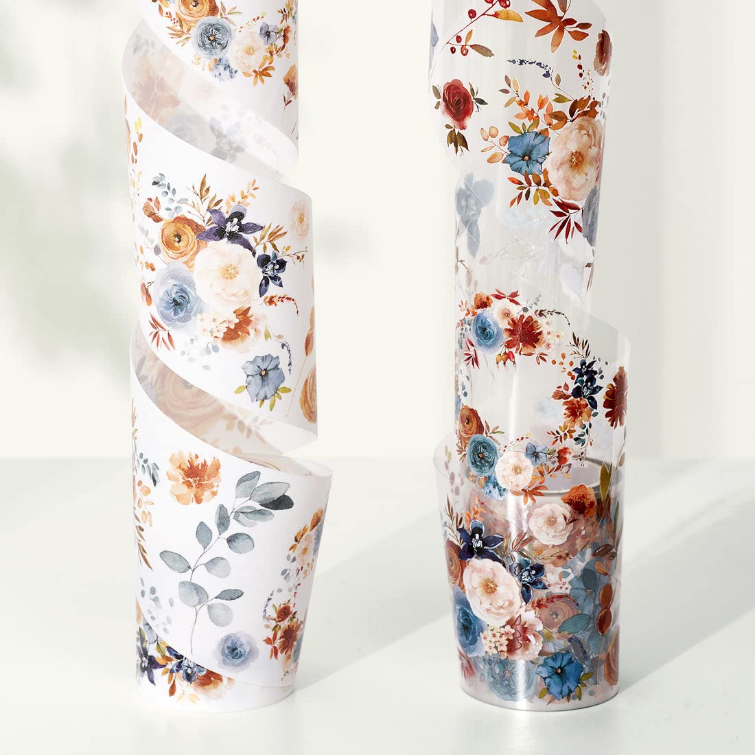 WT Dusty Blue & Cinnamon Wide PET Tape, Single Roll, Original Designs, Floral Decorative Tape, Transparent Craft Tape for Bujo Planner & DIY Supplies, Watercolor Flowers
