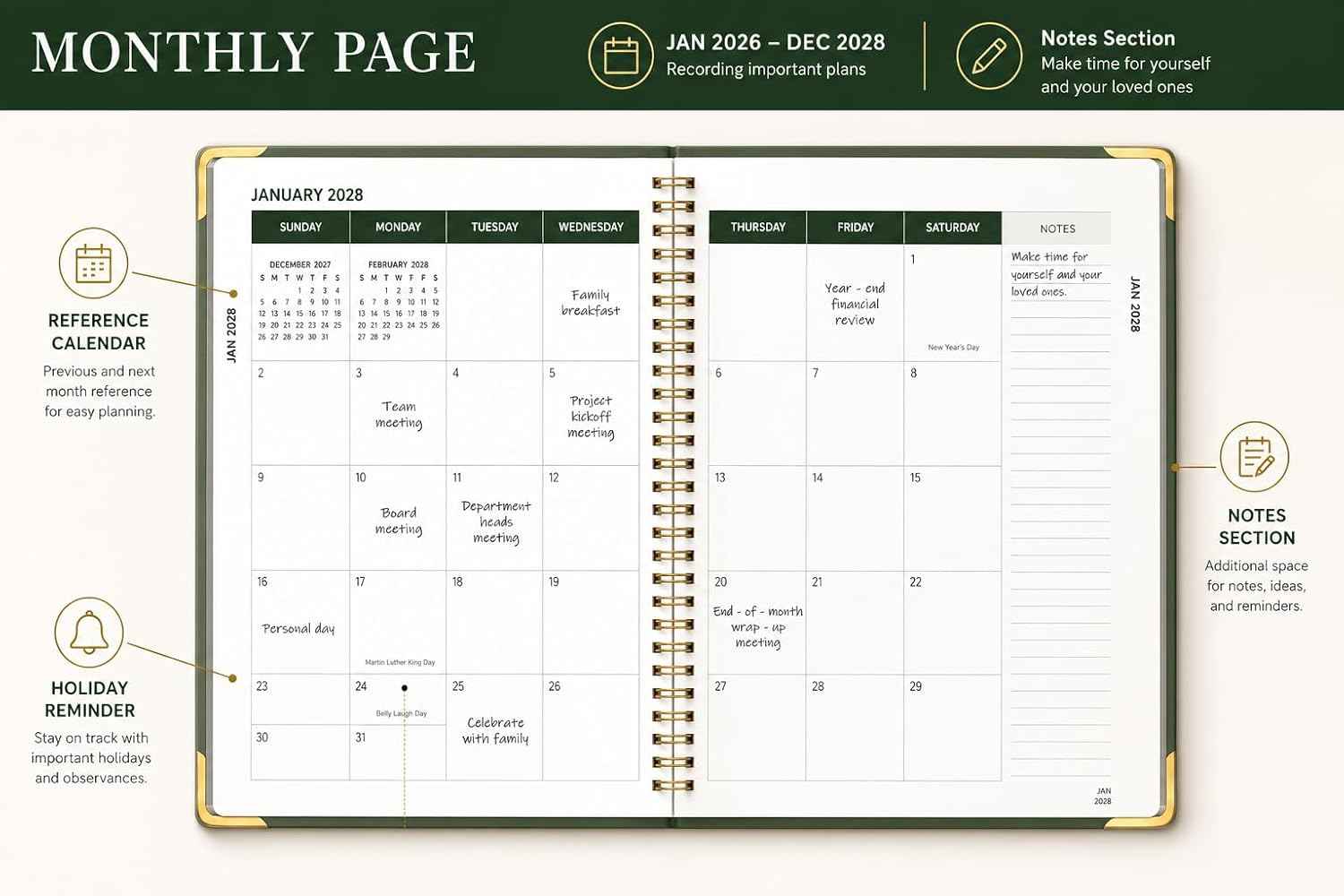 Monthly Planner 2026-2028, Hardcover 3 year calendar 2026-2027-2028 Calendar Book from Jan 2026 - Dec 2028, 9“ x 11”, Spiral Bound,Organizer for Office, School, and Home,Green