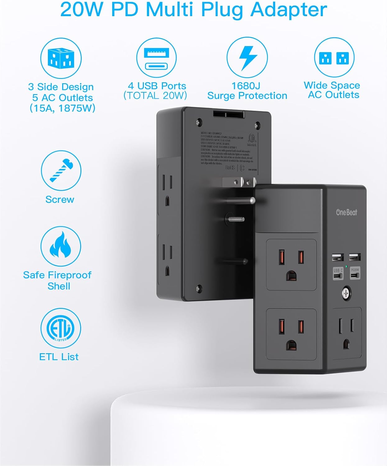 Surge Protector, 5 Outlets Extender with 4 USB Ports(USB C PD20W), 3-Side 1680J Power Strip Multi Plug Outlet Expander, USB Wall Charger, Outlet Splitter Adapter Wall Mount for Home Office(Black)