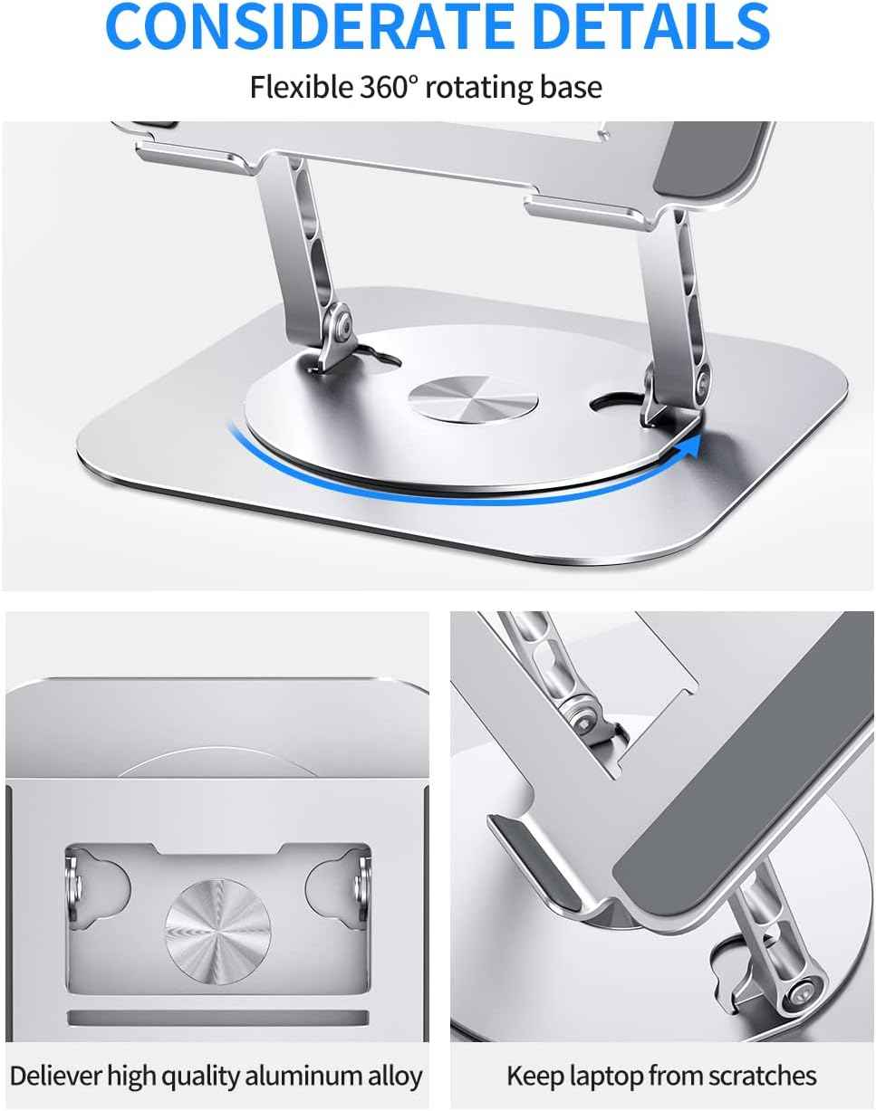 AOEVI Adjustable Computer Stand with 360 Rotating Base, Ergonimic Foldable Laptop Riser for Desk Compatible with MacBook Pro/Air Notebook up to 16 Inches, Silver
