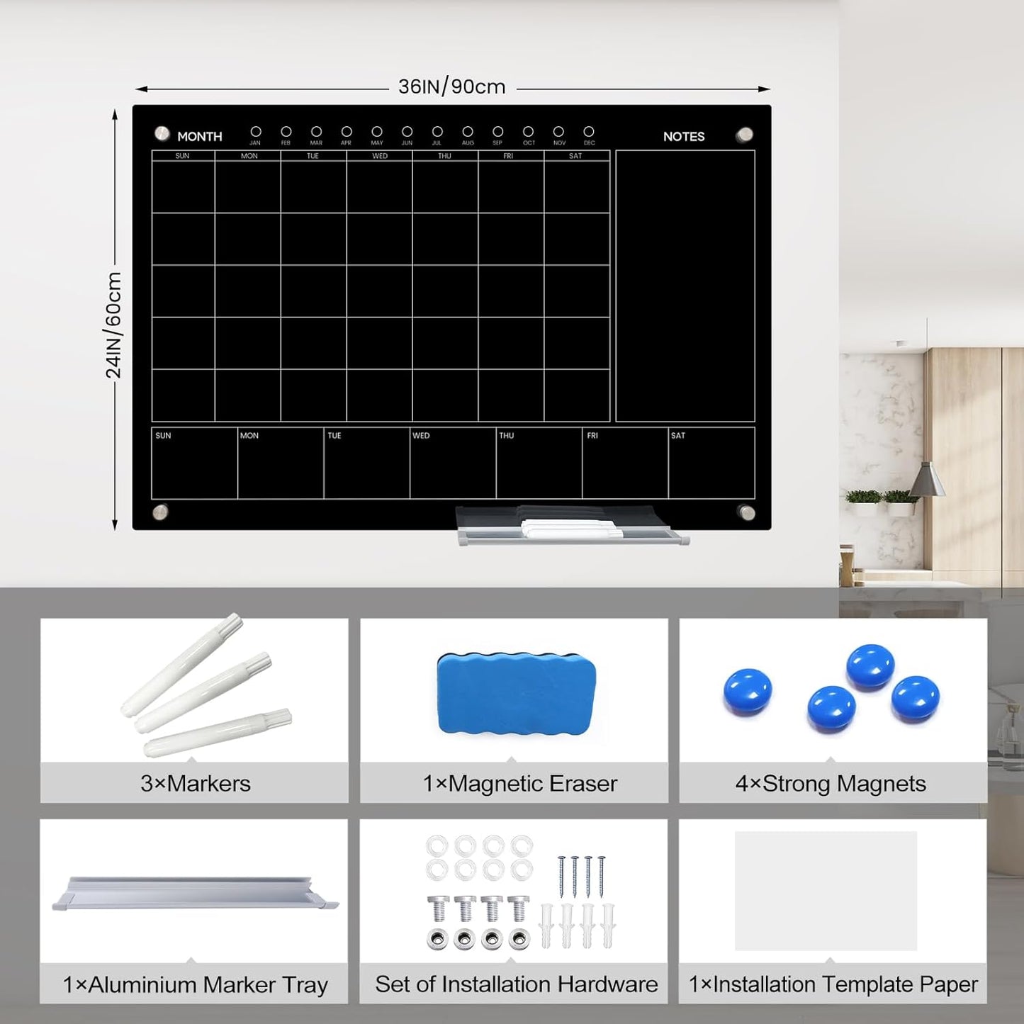 Magnetic Glass Whiteboard 36X24 Monthly Planner Calendar Dry Erase Board for Home, School, Office, Frameless, with Markers, Marker Tray, Eraser, Magnets (Black) - Lumora Desk