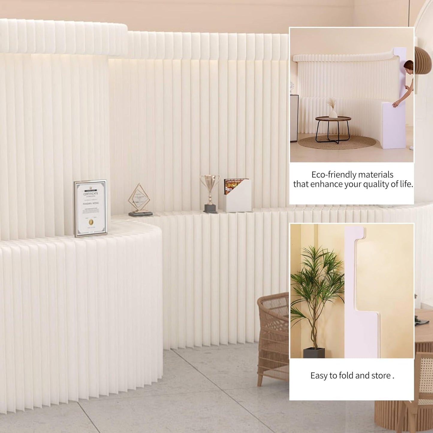 Paper Room Divider with Shelves Folding Room Divider Portable Room Partition Foldable Temporary Wall Retractable Folding Screen for Home, Office, Studio, Exhibition