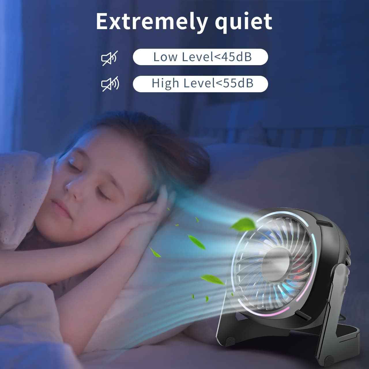 Small USB Desk Fan - 5.3 Inch Portable Table Fan with 3 Levels Air Flow, 8 Color LED Lights, 360° Rotation, Quiet Mini Personal Fan for Home Office Desktop