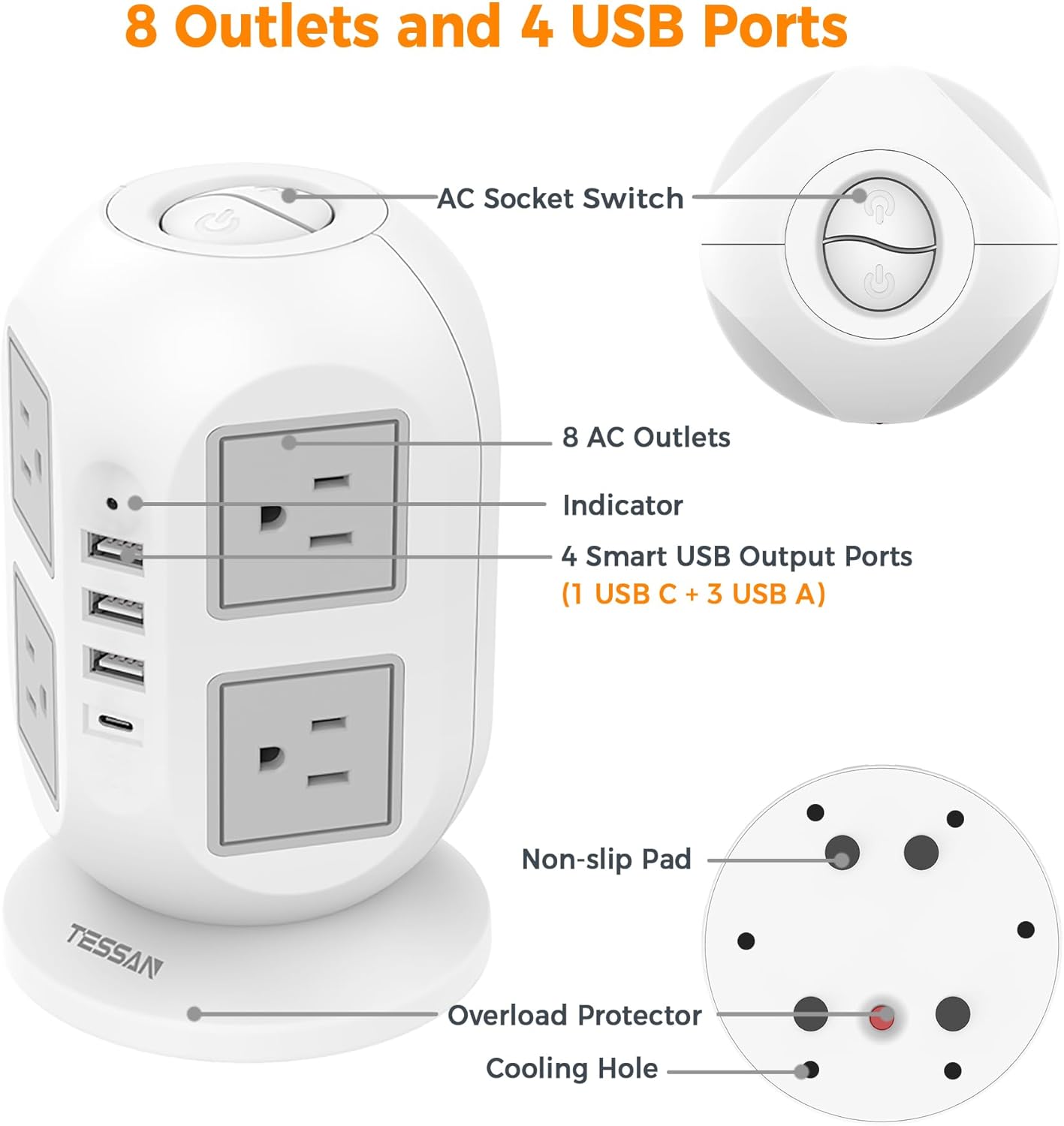 Tower Surge Protector Power Strip 10 ft, TESSAN Long Flat Extension Cord with Multiple Outlets, 8 AC Outlets with 4 USB Ports (1 USB C), Charging Station with Surge Protection, for Home Office Dorm