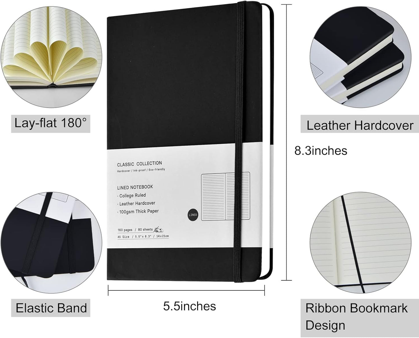Coopay 48 Pack A5 Journal Notebooks Bulk, 160 Pages, 100GSM Thick Paper, 8.3 x 5.5 inch Hardcover Lined Leather Journals for Writing Office School Business,Bulk Notebook for Work Men Women (Black)