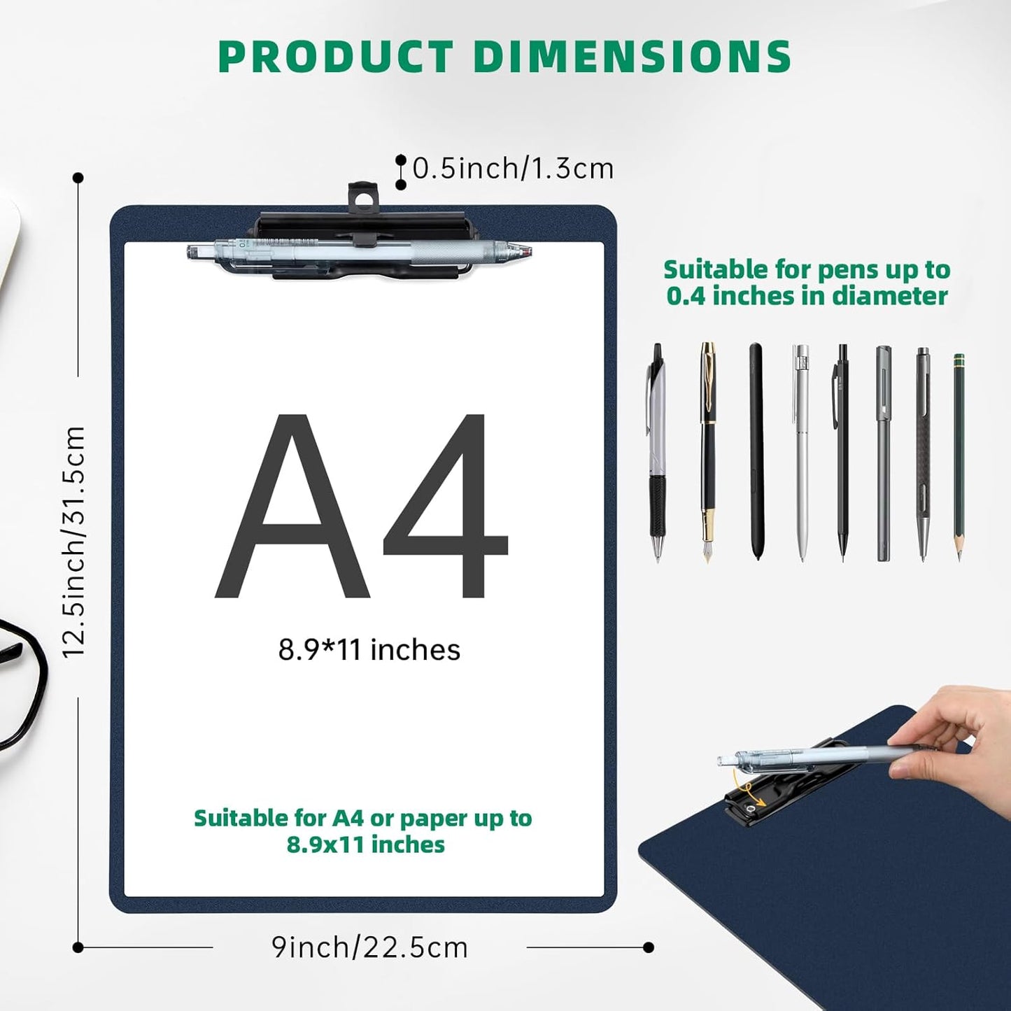 Clipboard with Pen Holder, Plastic Clipboard with Low Profile Metal Clip, Hanging Clip Boards Holds 8.5x11 Inch Papers, Standard A4 Letter Size Clip Boards for Offices & School, Blue