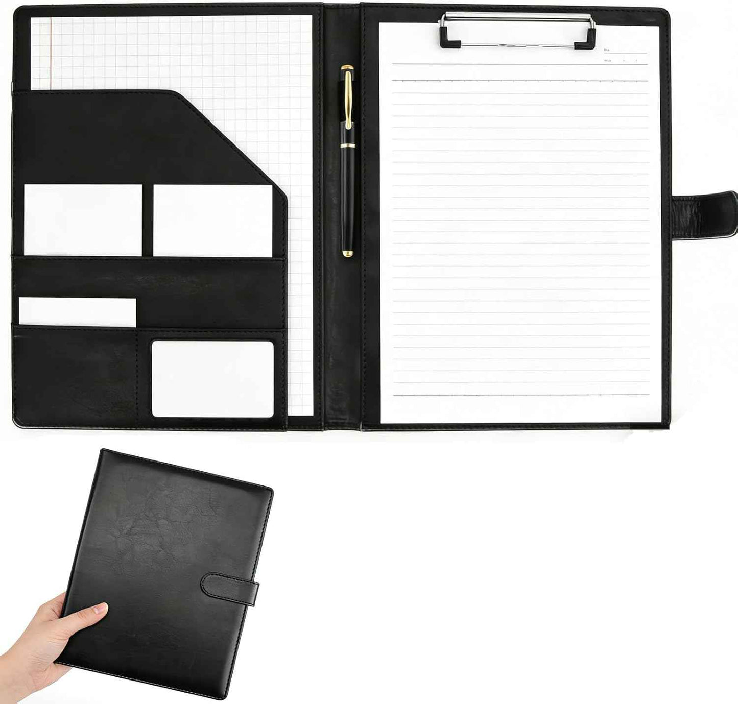 Padfolio Portfolio Binder with Clipboard, Professional Faux Leather Interview Resume Folder with Document Organizer & Business Card Holder, A4 Letter Size Notepad Legal Pad Holder for Office(Black)