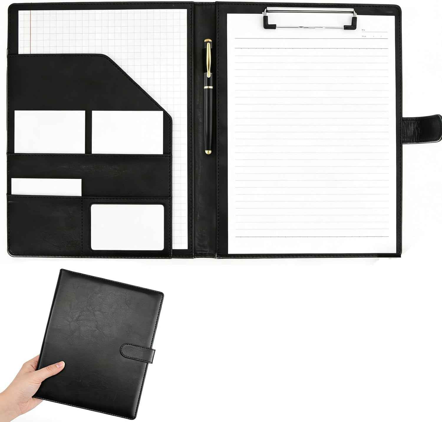 Padfolio Portfolio Binder with Clipboard, Professional Faux Leather Interview Resume Folder with Document Organizer & Business Card Holder, A4 Letter Size Notepad Legal Pad Holder for Office(Black)