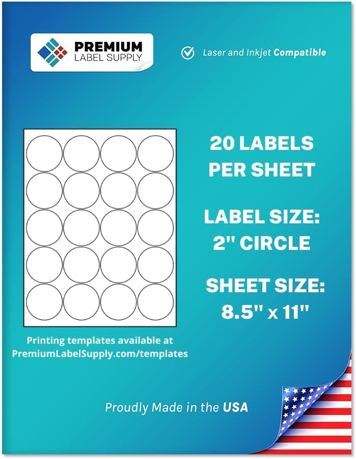 Premium Label Supply White Sticker Round Labels – 2" Circle – Laser/Inkjet Compatible – (20 per Sheet), 500 Sheets – 10,000 Total Adhesive Labels