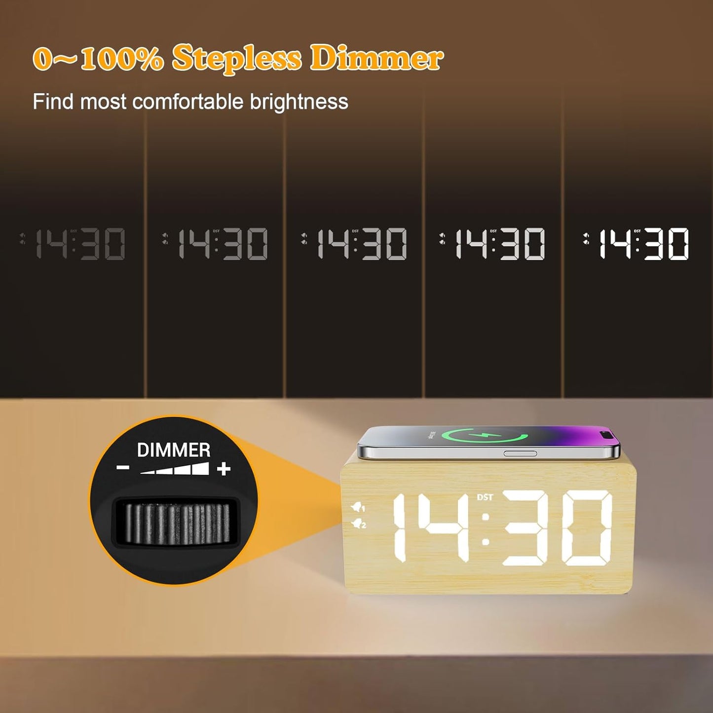 Wooden Digital Alarm Clock with Fast Wireless Charger, Dual USB Charging Ports, DST, Dimmable, Snooze, RGB Large Number Display LED Clock for Bedrooms, Living Room, Desk, Table, Bedside(Bamboo)