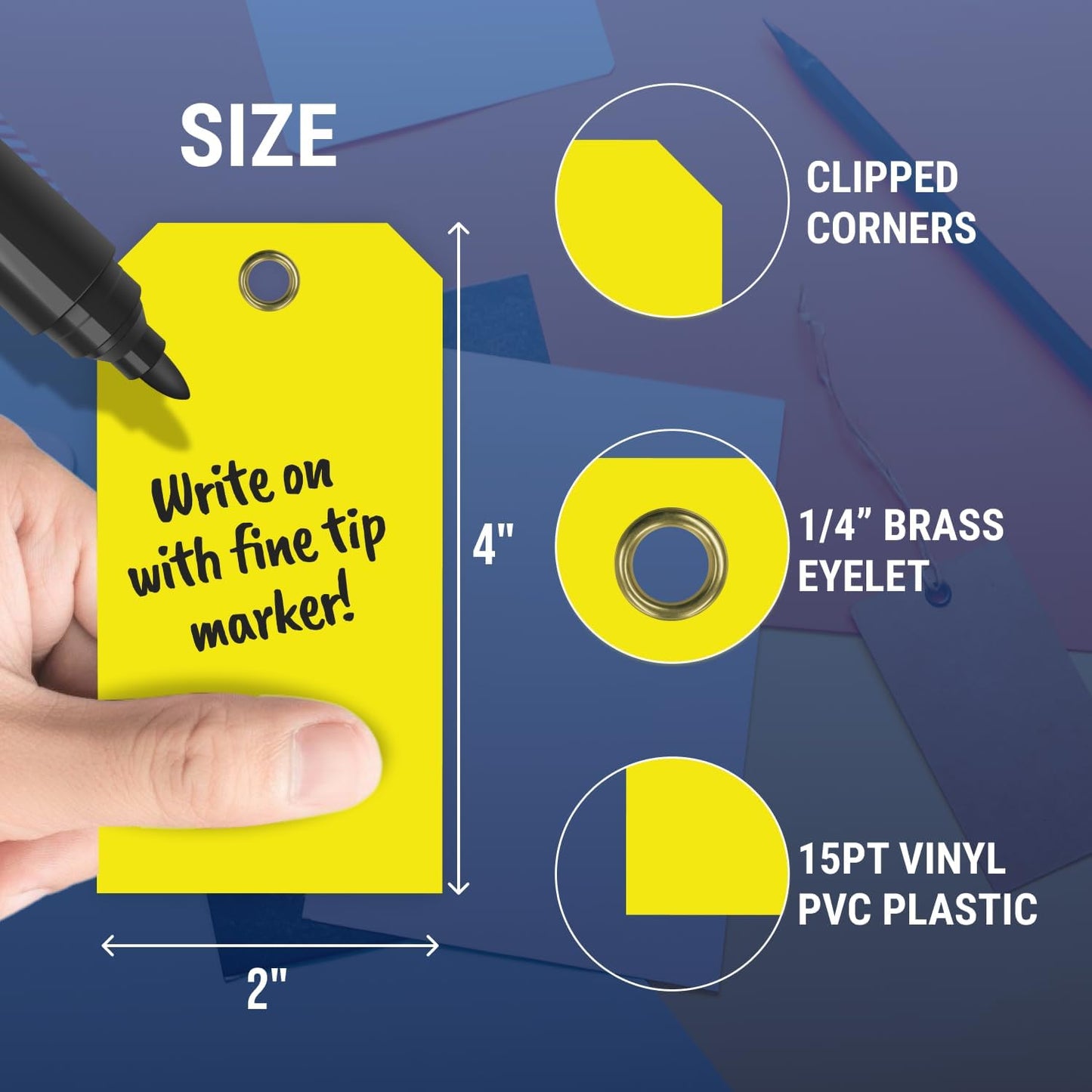 Tags 4 Less 15 Mil Waterproof Plastic Tags, Pack of 100 – 2” x 4” Heavy Duty Plastic Tags for Labeling, Outdoor Tagging, Equipment Labeling, Luggage, Valves & More (Yellow)