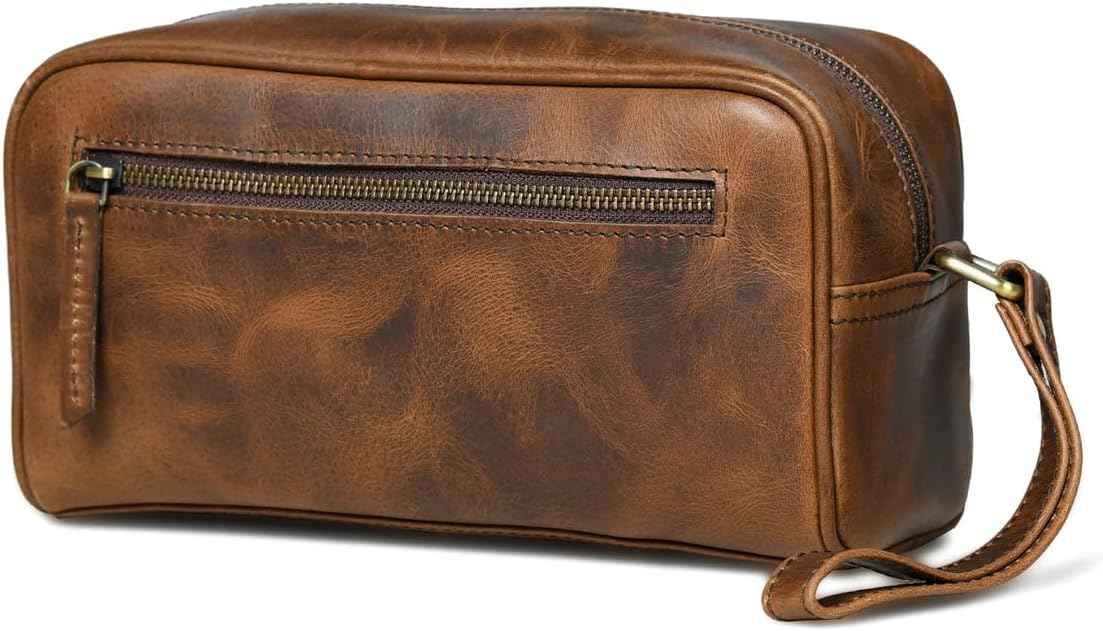 MaheTri Leather Toiletry Bag Travel Dopp Kit | Genuine Handcrafted Cosmetic Bag for Men & Women | Multipurpose use Durable Leather Toiletry Bag (Cosmetic, Shaving Kit) (Lumber Brown)