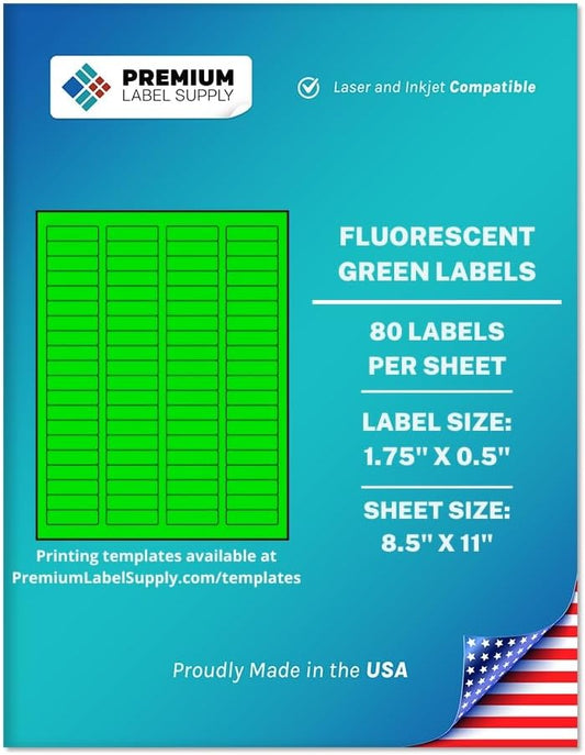 Premium Label Supply Bright Neon Color Fluorescent Sticker Labels - 1.75" x 0.5" Return Address Labels - (Fluorescent Green, 40,000 Labels)