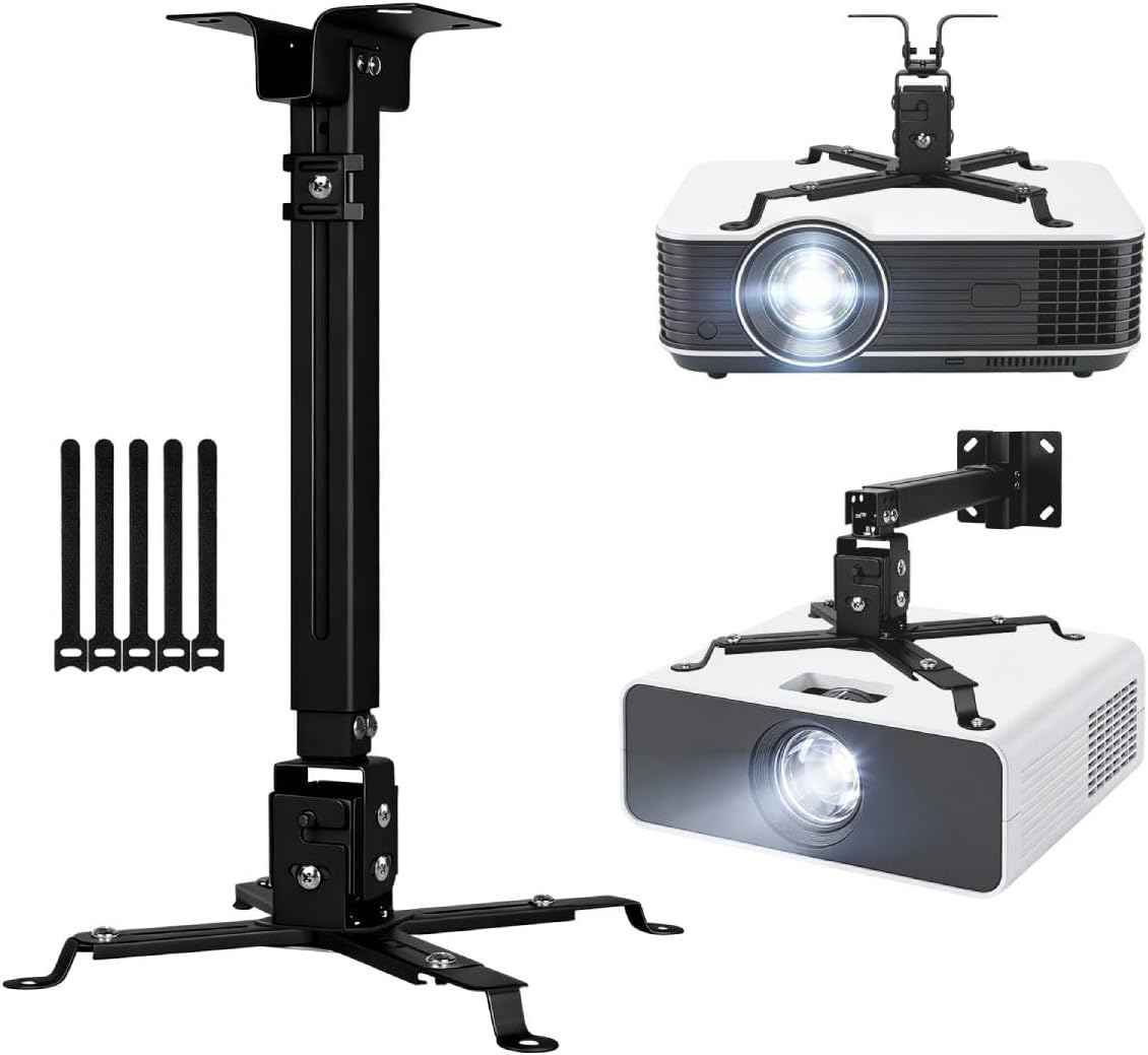 Projector Mount Ceiling/Wall - Universal 3-in-1 Bracket with Extension Pole& Cable Ties