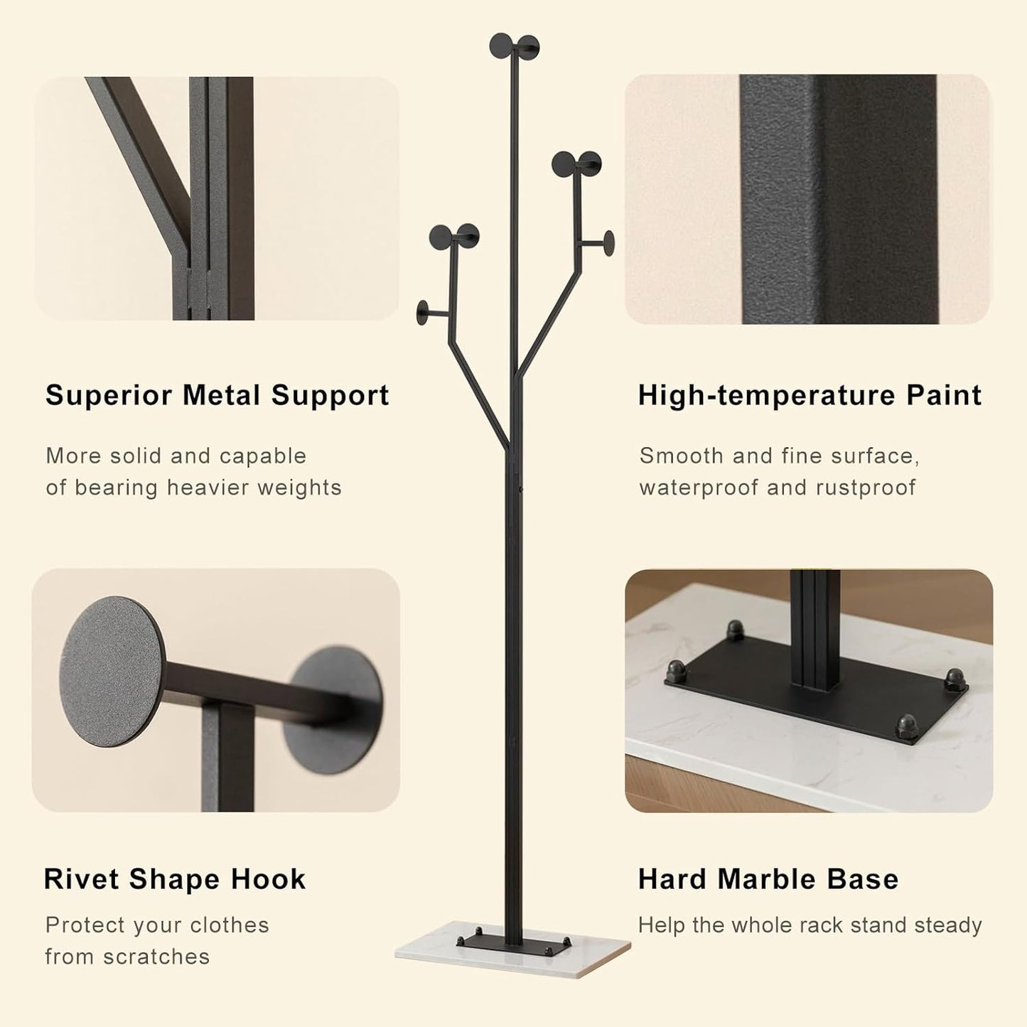 Heavy Duty Coat Rack Tree-shaped Metal Freestanding Coat Tree with Sturdy Marble Base Corner Coat Rack for Bedroom Entryway Hallway 14.96 x 10.24 x 68.9 Inches (Black) - Lumora Desk