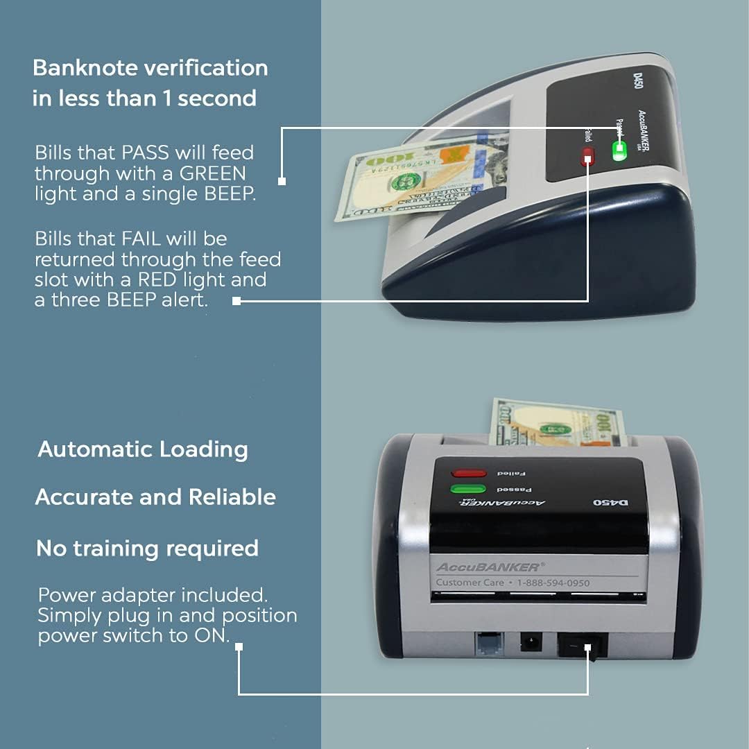 AccuBANKER D450 Counterfeit Money Checker Machine, Magnetic, Infrared, Watermark and Micro-Printing Detection in Less Than 1 Second with Audible and Visual Alert for Suspicious Bill