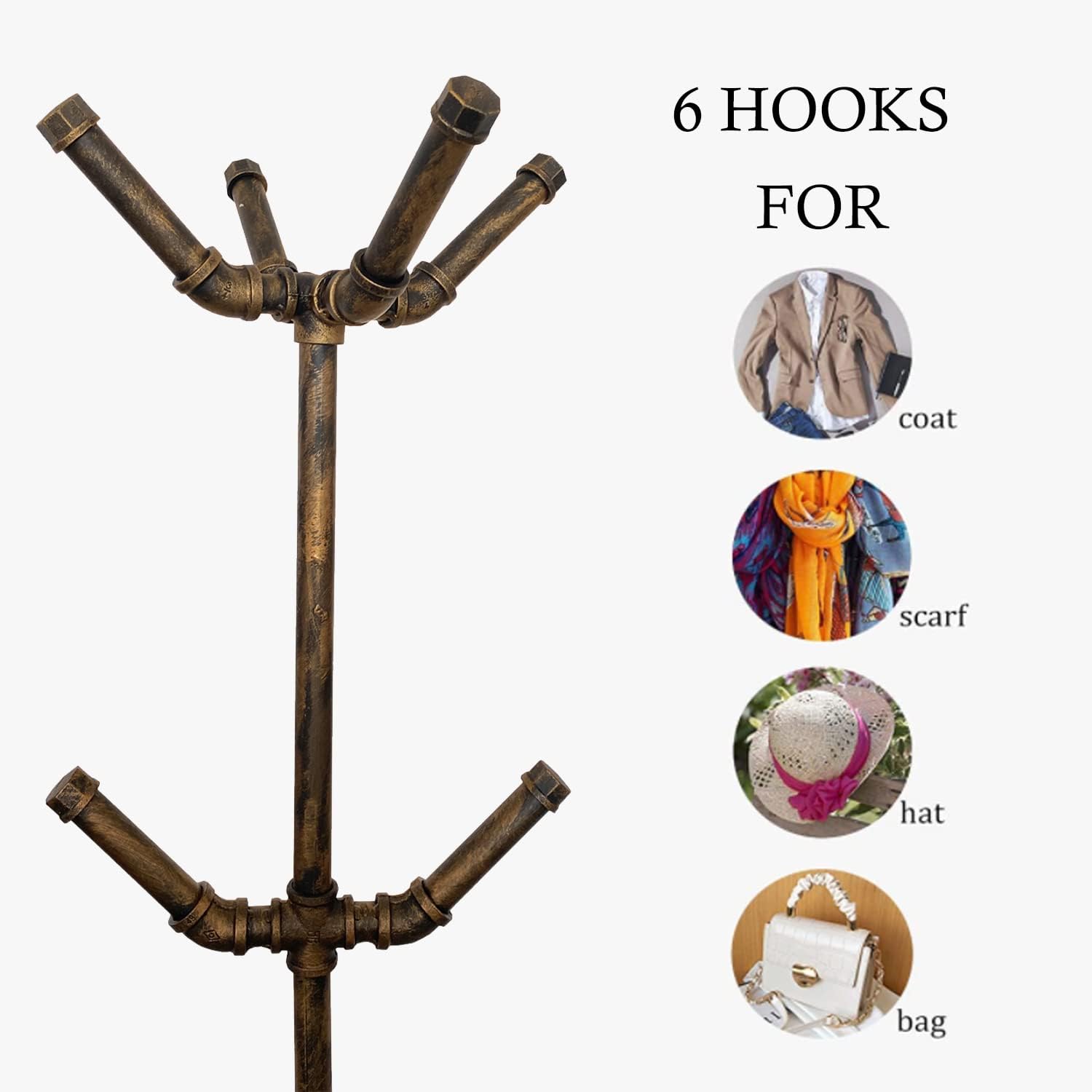 Industrial Coat Rack, Metal Pipe Coat Rack Stand Freestanding with 6 Hooks, Heavy Duty Coat Tree Sturdy Coat Racks for Entryway, Hallway, Bedroom (Vintage gold) - Lumora Desk
