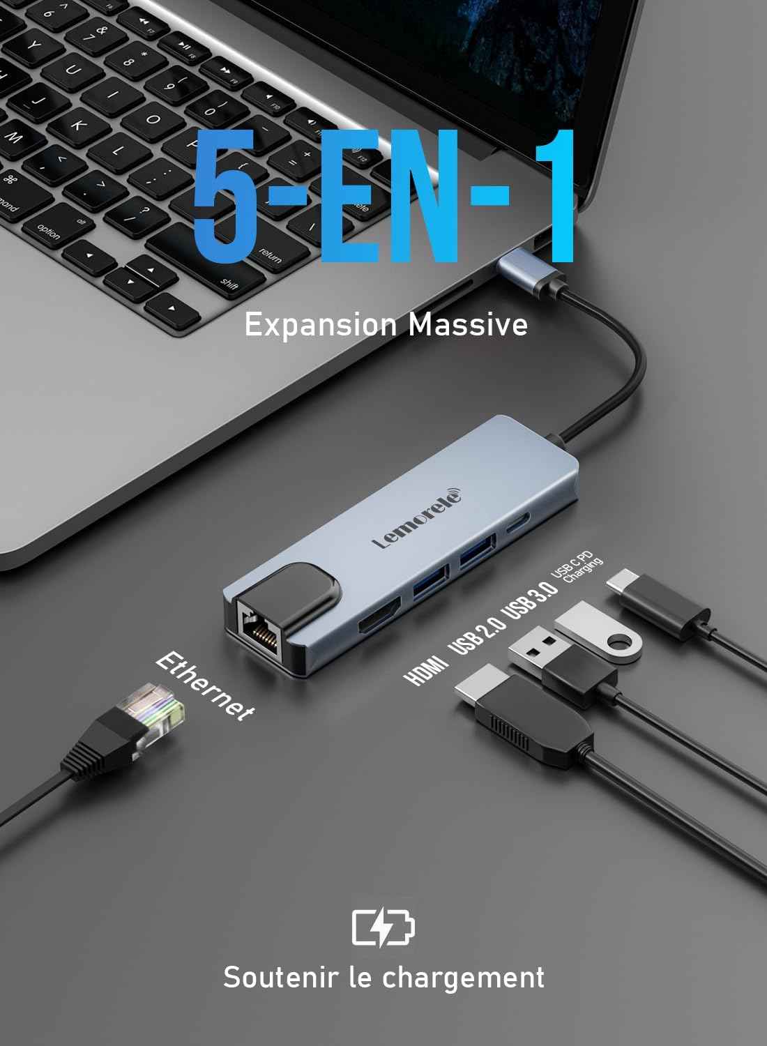 USB C Hub Adapter, Lemorele 5-in-1 Dongle Multiport Adapter with 4K HDMI, Ethernet, 2 USB 2.0 Ports, 100W PD Charging for MacBook M1 Air/Pro, iPad M1, Switch, XPS15, Windows