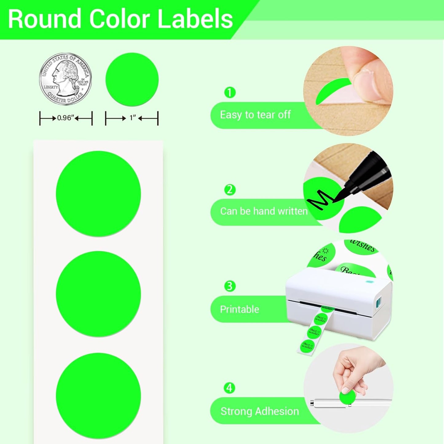 1 Inch Circle Dot Stickers 1000 PCS Color Coding Thermal Labels Dots Writable Printable Small Round Stickers for Office, Classroom, Inventory, Garage, Organizing Storage, Fluorescent Green