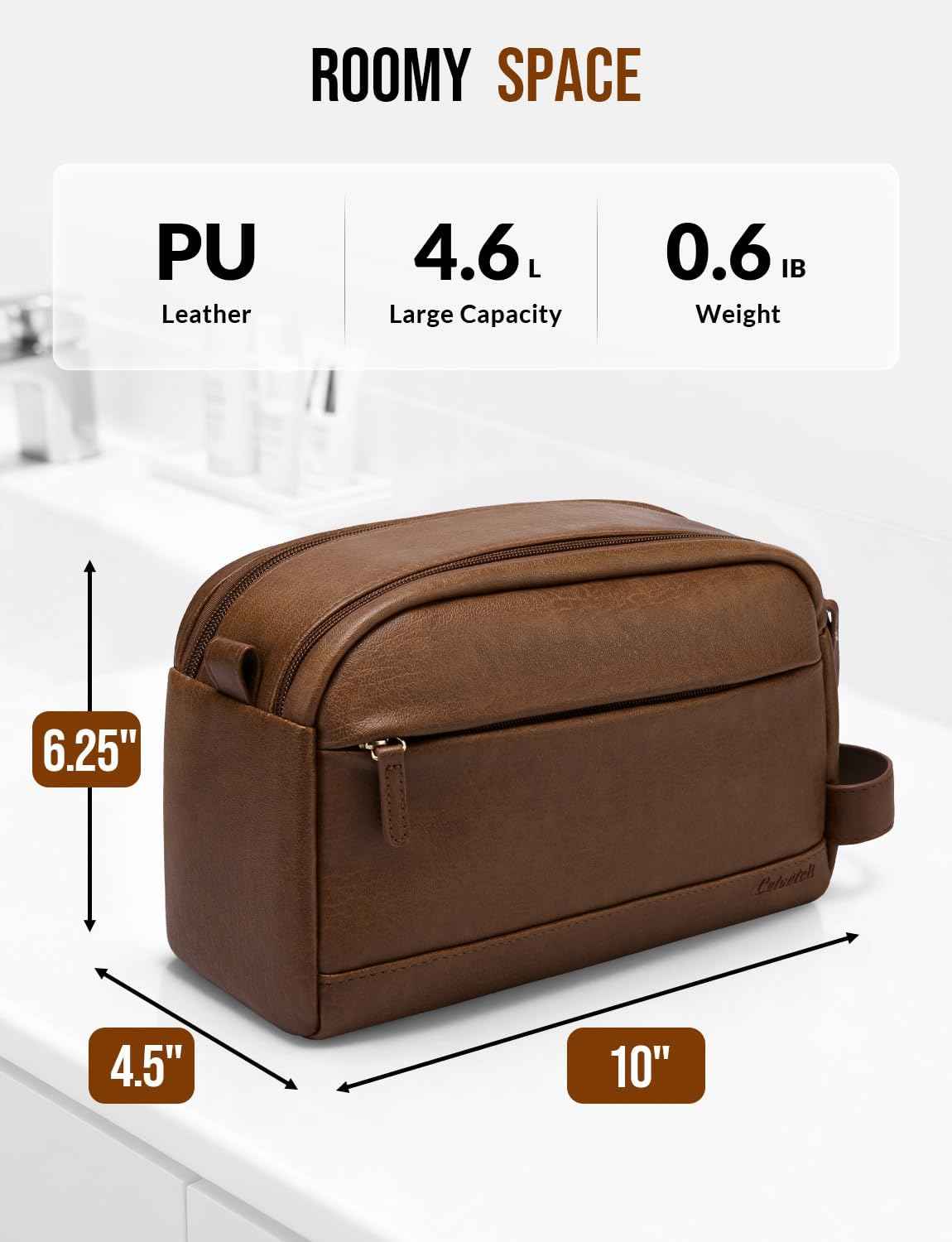 PU Leather Toiletry Bag for Men - Water Resistant Travel Bag for Toiletries, Bathroom Essentials, Accessories - Brown