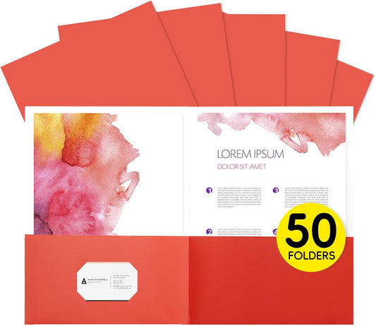 50pcs Red Folders with Two-Pockets Fit Letter Size Paper,Paper File Designed for Office,Home and Classroom Use