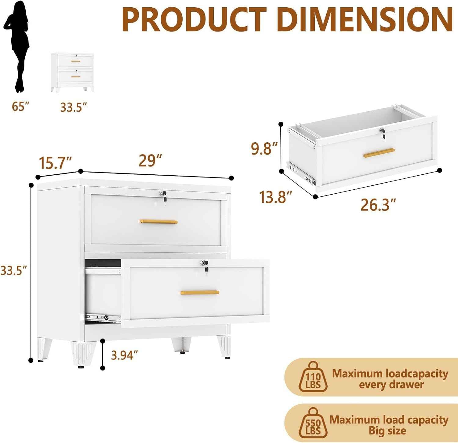 Metal Lateral File Cabinet with Lock,2 Drawer Steel Wide Filing Organization Storage Cabinets for Legal/Letter/A4/F4 Size with Hanging Files&Key,Lockable Printer Stand for Home Office, White