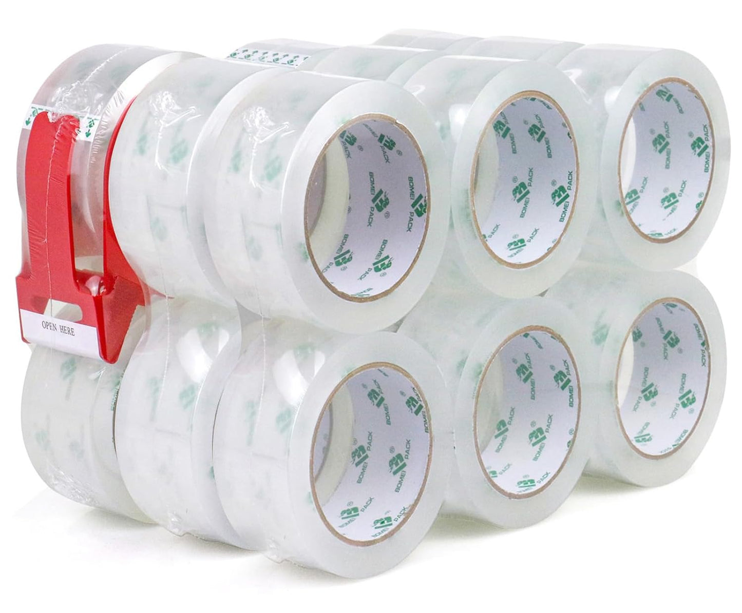BOMEI PACK 18 Rolls Clear Packing Tape with Dispenser, Heavy Duty Refill Rolls Box Tape for Shipping Moving and Packaging, 2.4Mil 1.88 Inch x 60 Yard