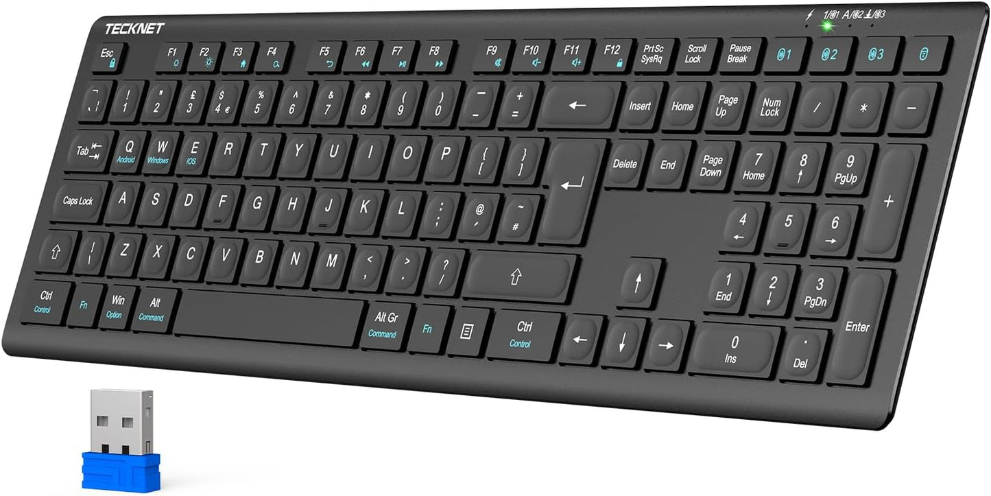 TECKNET Bluetooth Keyboard Rechargeable, 4-Device Free Switching (2.4G+BT), Ultra-Slim Full Size Wireless Keyboard, Quiet Typing, for PC/Laptop/Smart TV/Phone, Adjustable Stand, 12 Multimedia Keys