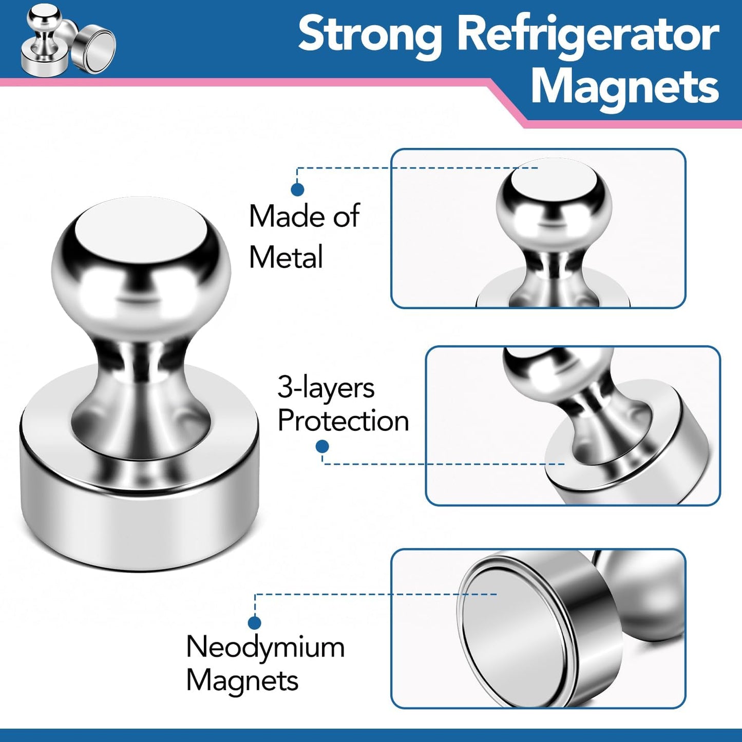 LOVIMAG Strong Magnets for Whiteboard, 56 Pcs Fridge Magnets Refrigerator Magnet, Small Neodymium Magnet for Fridge, Push Pins Ideal for Kitchen, Office, Map Decorative