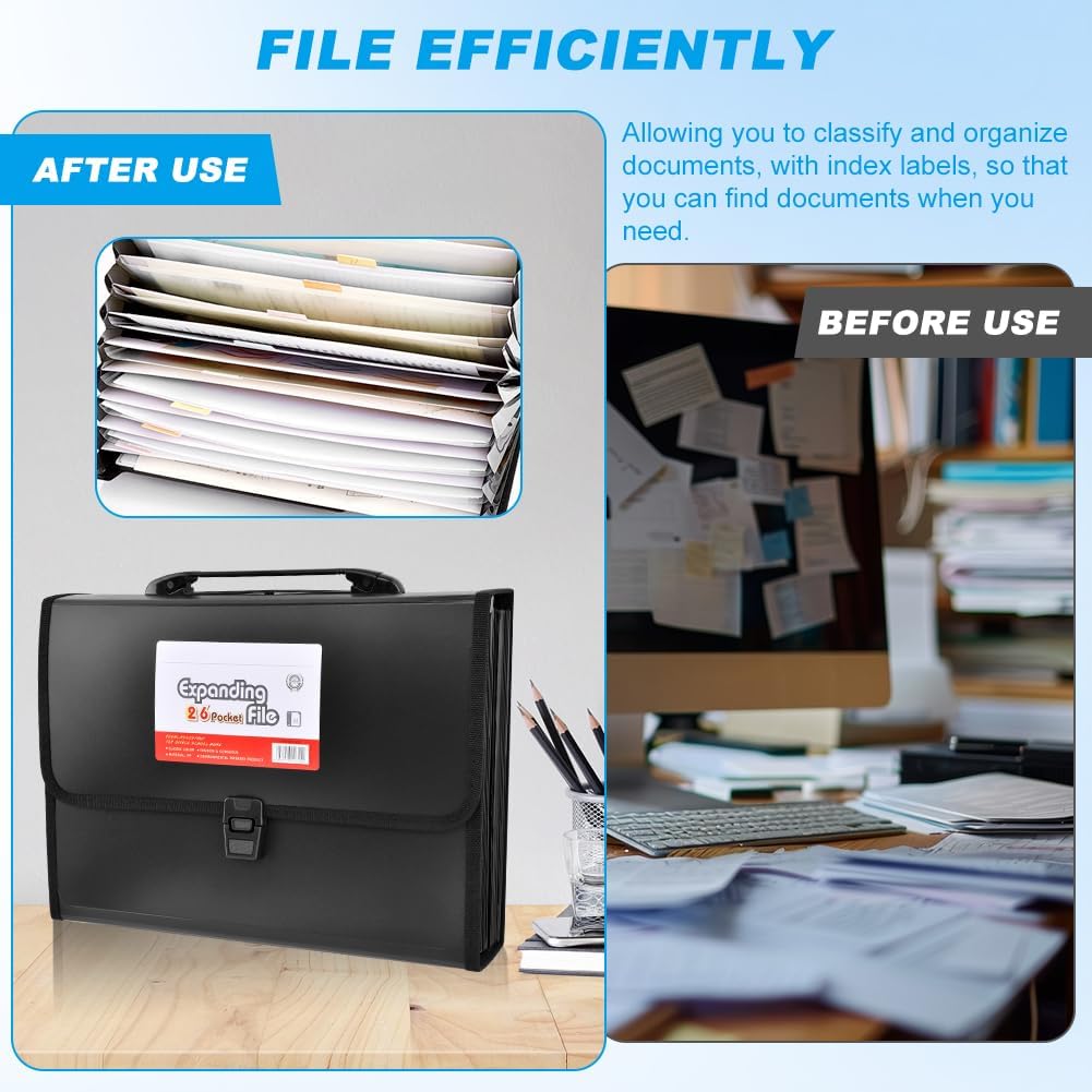 Fireproof Accordion File Organizer,26 Pockets Letter Size/A4 Accordion Files Organizer with Handle,Expanding File Folder with Lock & Labels,for Important Document/Paper Storage