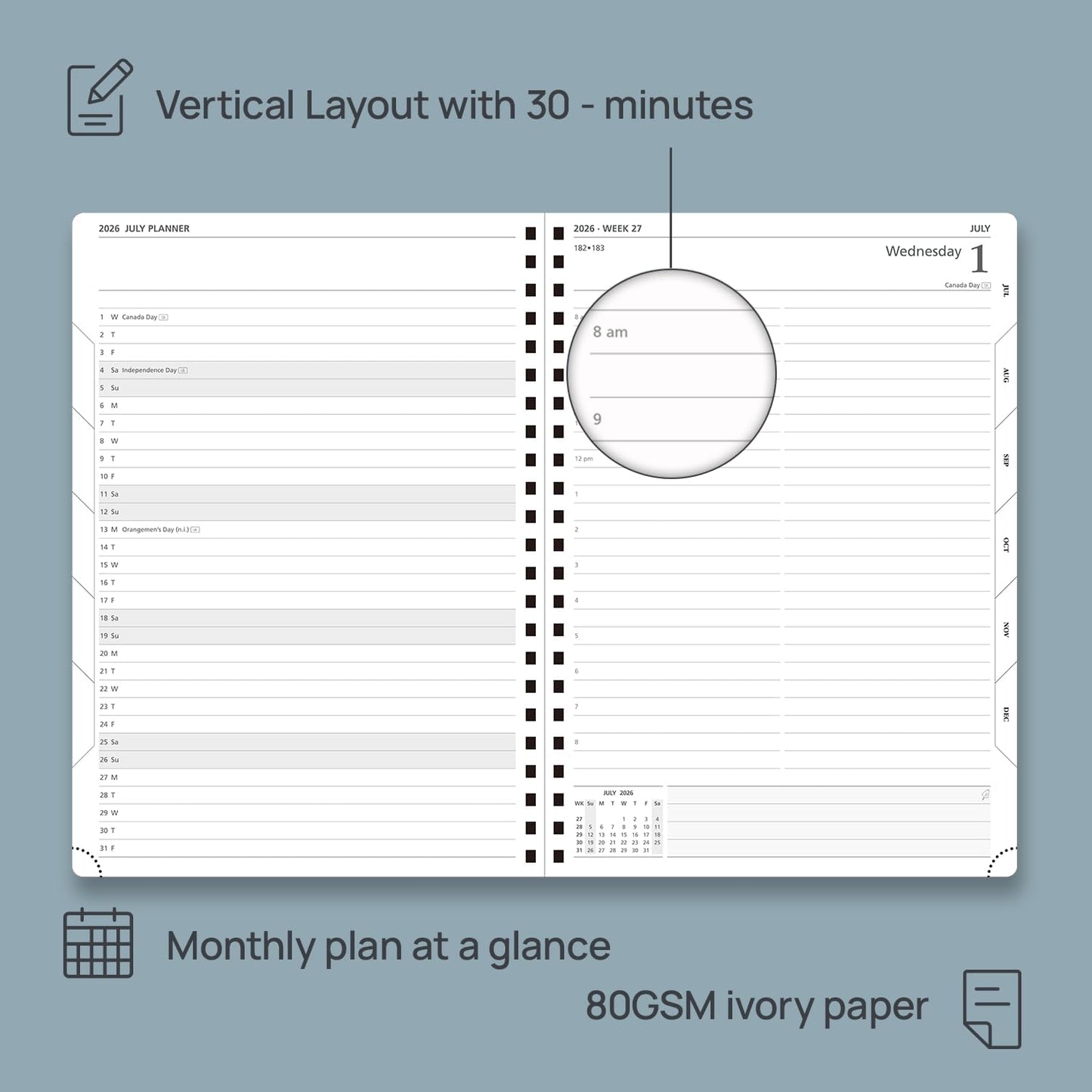 POPRUN 2026 Daily Planner One Page A Day - [A4 Large Size 8.25" x 12" -Spiral Hard Cover], Agenda 2026 Hourly Appointment Book with Monthly Calendar, Pen Holder, Ivory Paper -Violet