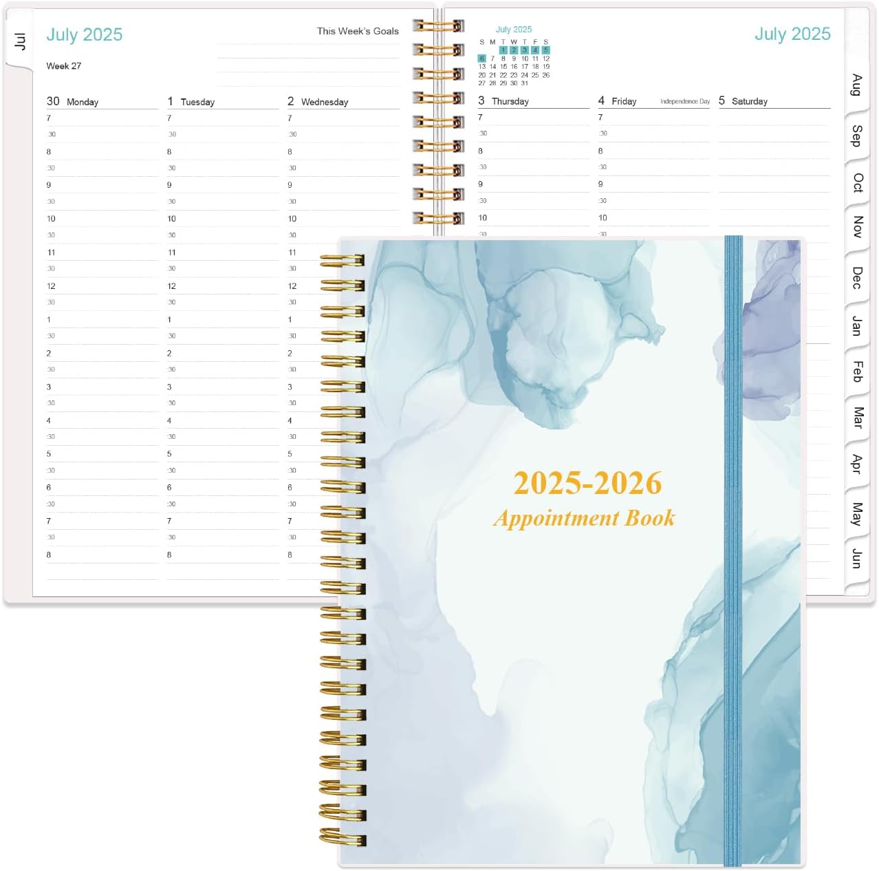 2025-2026 Appointment Book & Planner - Hourly Planner from July 2025 - June 2026, Weekly Appointment Book 2025-2026 with 30-Minute Interval, 6.4" x 8.5", Blue Watercolor