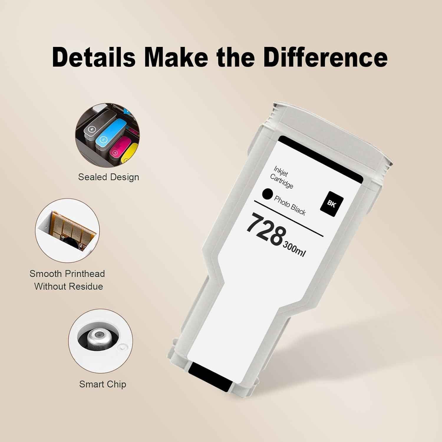 High Yield 728 XL 728XL Ink Tank Replacement Set for HP 728 Ink Cartridges for DesignJet T730 T830 MFP Large Format Plotter Printer F9J68A F9K17A F9K16A F9K15A (4 Pack, BK, C, M, Y)