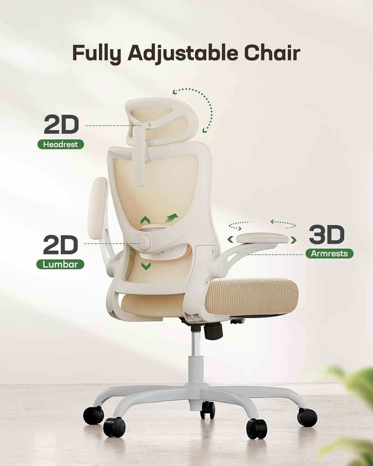 Marsail Ergonomic Office Chair: Office Computer Desk Chair with High Back Mesh and Adjustable Lumbar Support Rolling Work Swivel Task Chairs with Wheel 3D Armrests and Headrest (White)