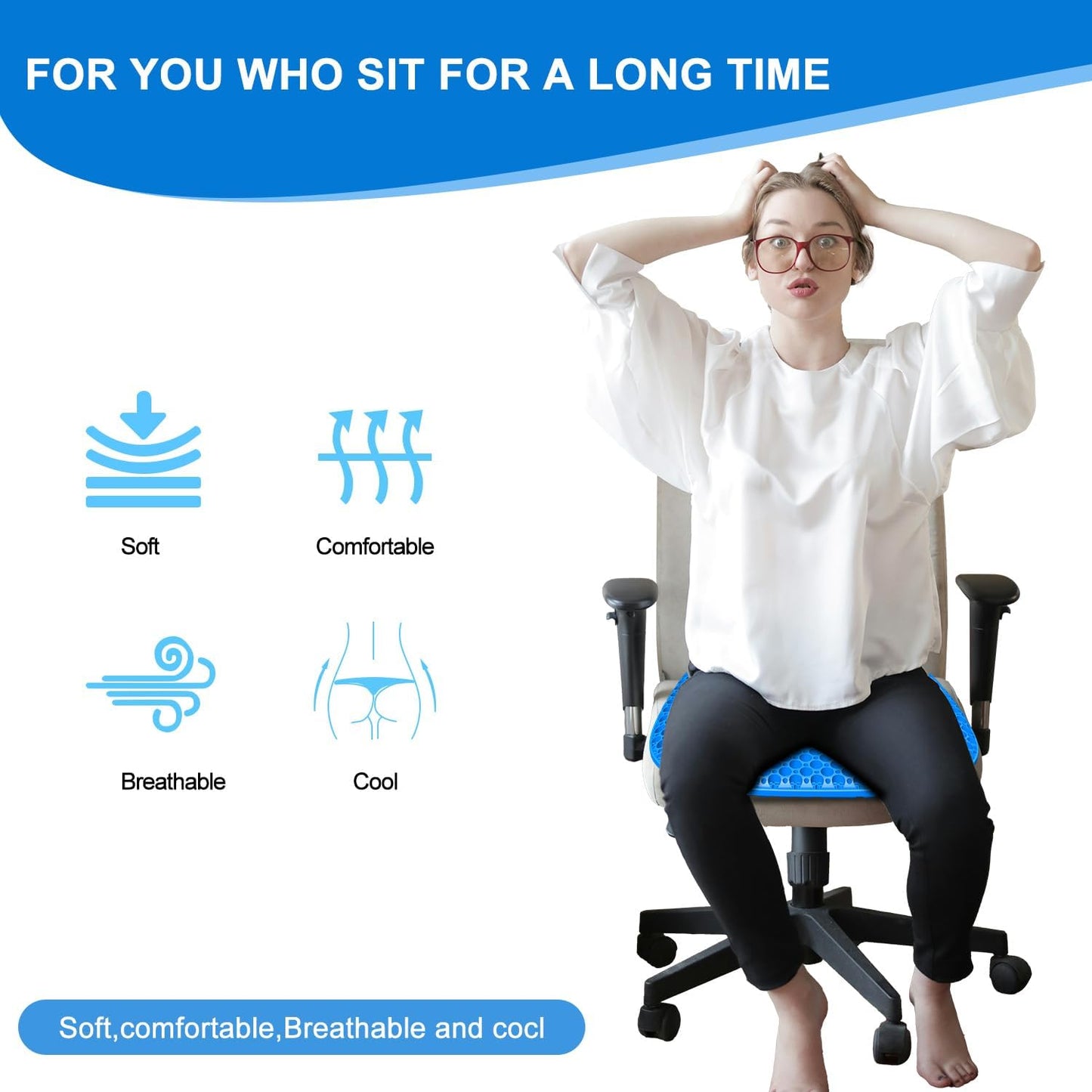 Large Gel Seat Cushion for Long Sitting With Non-Slip Cover,Soft & Breathable,Chair Cushion,Car seat Cushion,Office seat Cushion,Seat Cushion for Desk Chair,Wheelchair Cushion (Blue, Large Size)