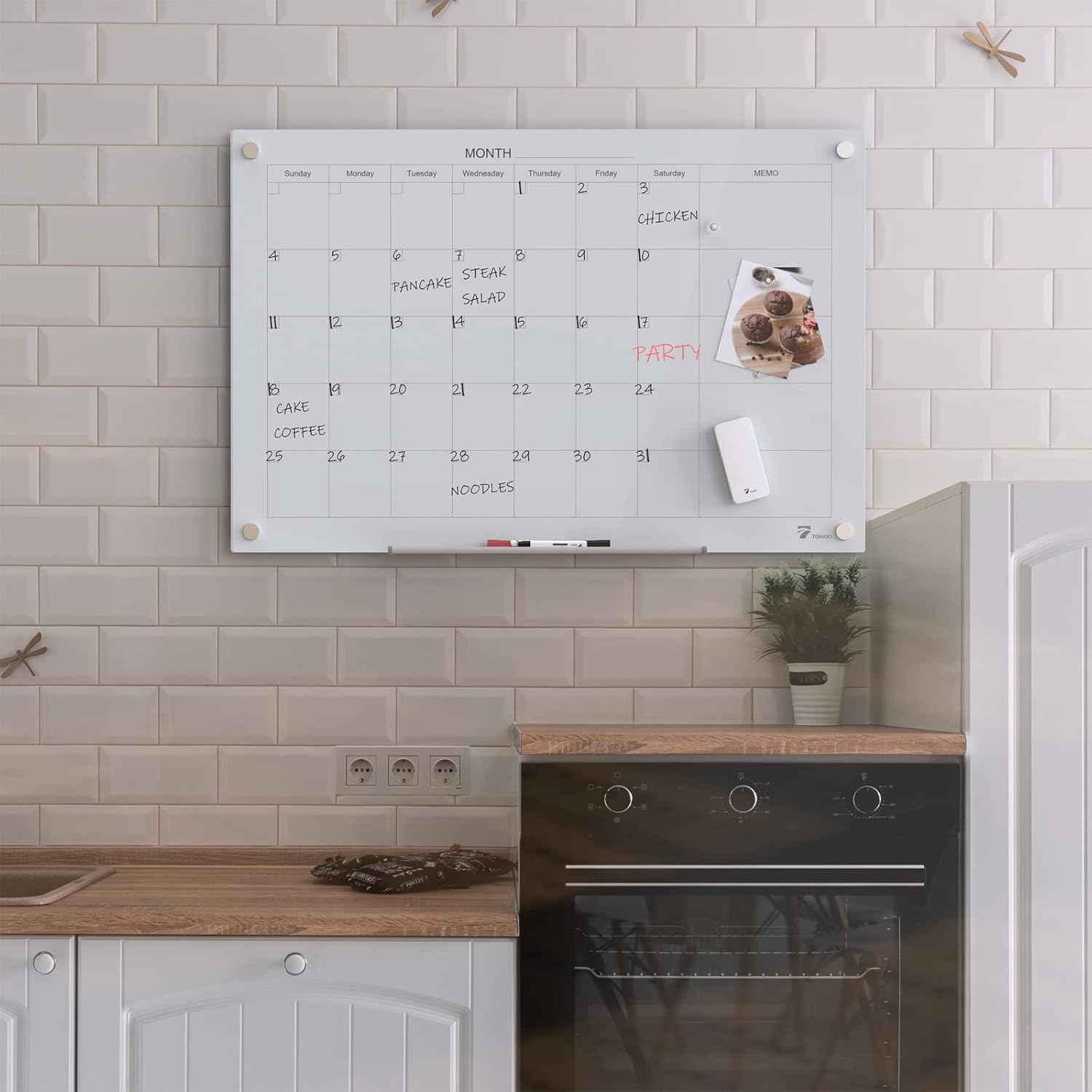 TOWON 47 x 35 Inch Glass Dry Erase Board, Magnetic Whiteboard Calendar, Monthly Planner Set, White