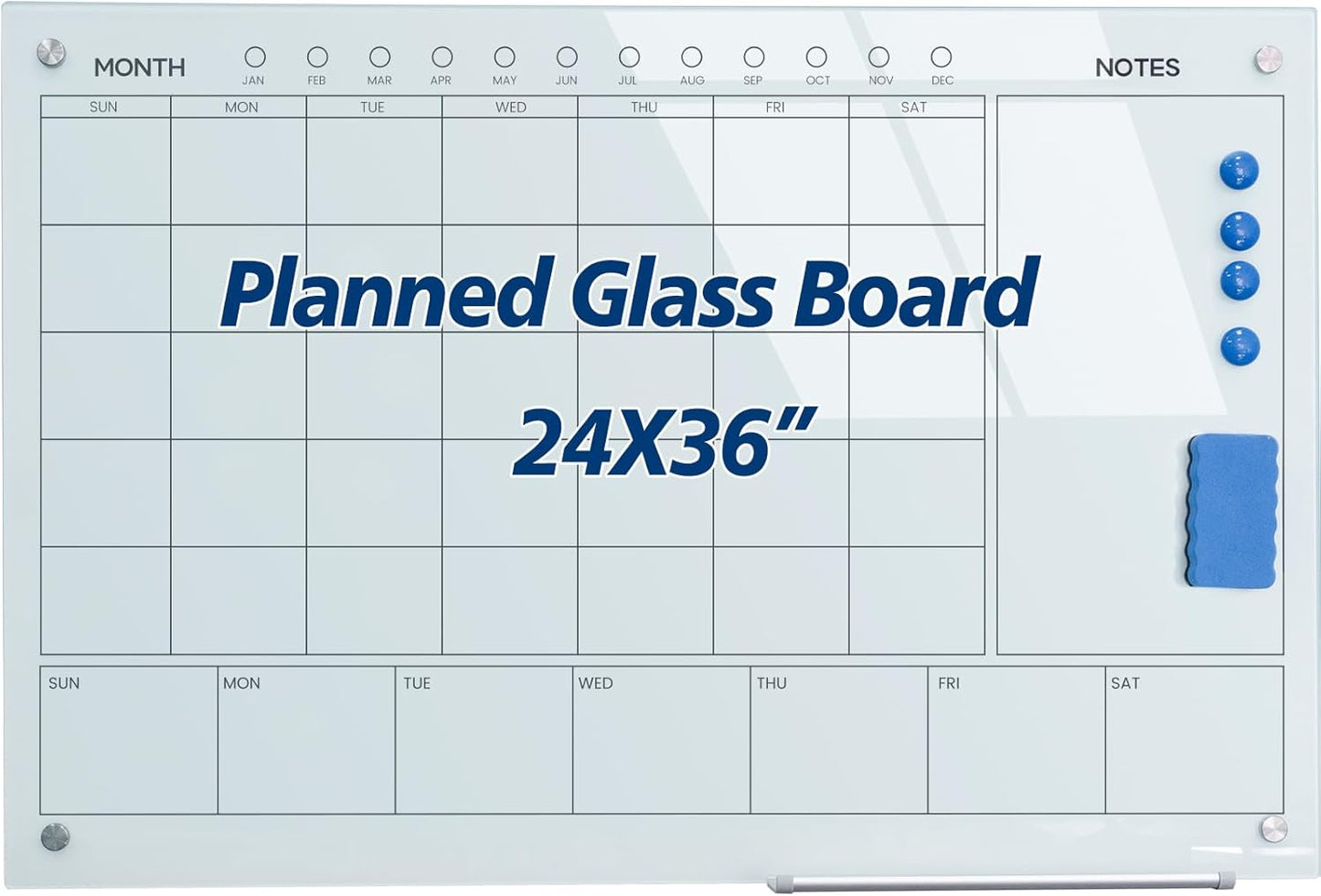 Magnetic Glass Whiteboard 36X24 Monthly Planner Calendar Dry Erase Board for Home, School, Office, Frameless, with Markers, Marker Tray, Eraser, Magnets (White) - Lumora Desk