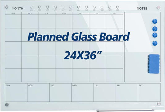 Magnetic Glass Whiteboard 36X24 Monthly Planner Calendar Dry Erase Board for Home, School, Office, Frameless, with Markers, Marker Tray, Eraser, Magnets (White) - Lumora Desk
