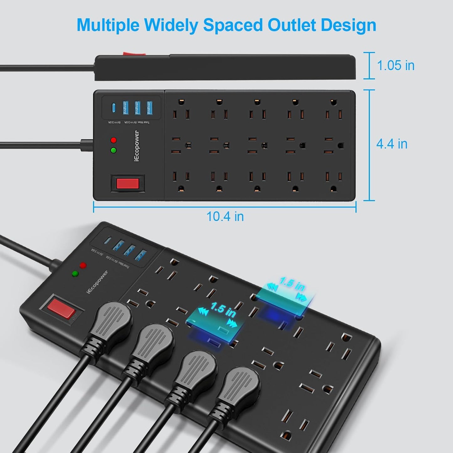 Surge Protector Power Strip 15 ft cord-15 Widely Spaced Outlets and 4 USB Ports(1 USB C Port),14 AWG Extension Cord,1875W/15A Heavy Duty Power Strip Surge Protector 15 ft Cord,2800J,Black