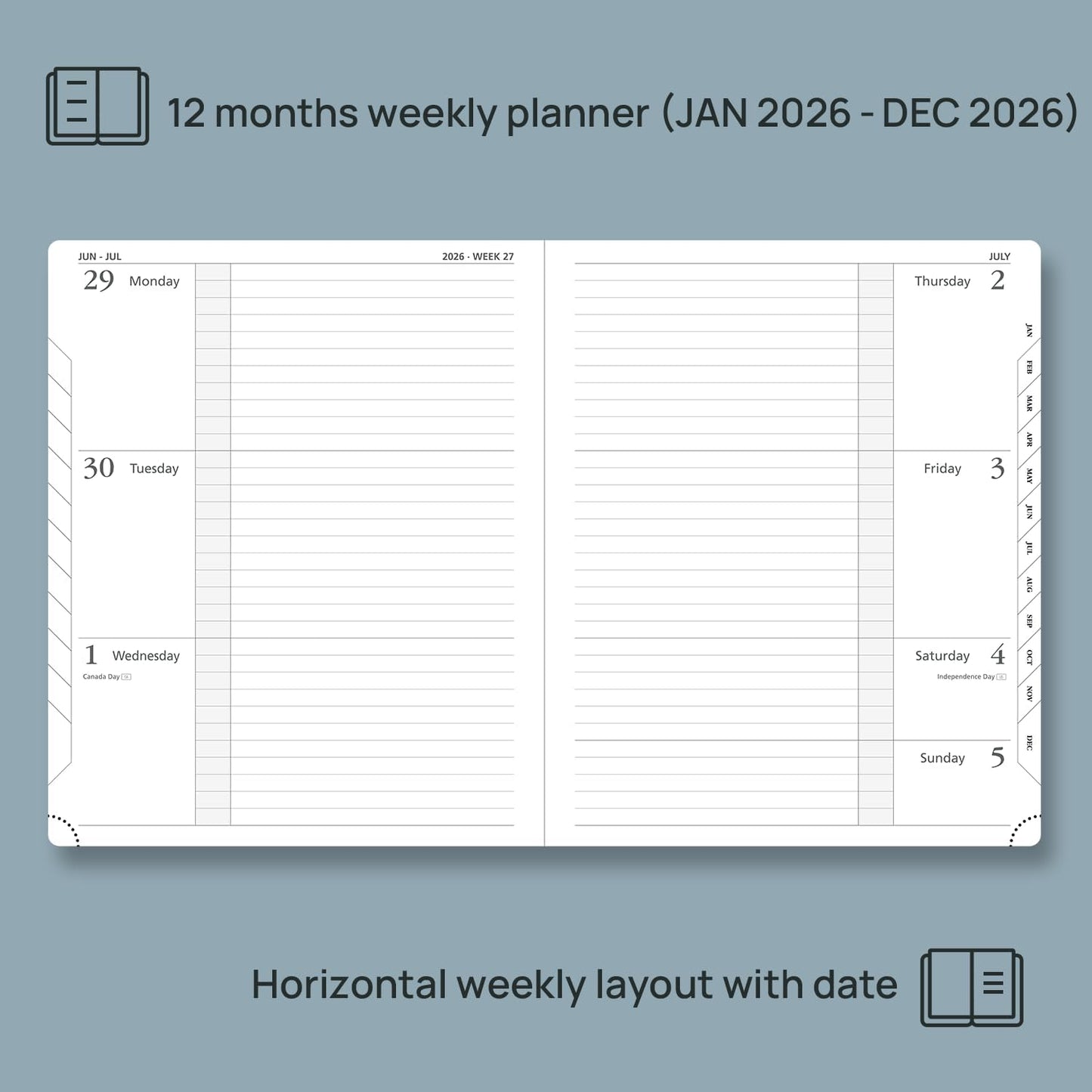 POPRUN Weekly Planner 2026 Calendar (Large 8.5" x 10.5") 12 Months Notebook with Horizontal Layout, Leather Hardcover, Inner Pocket, 100GSM Thick Paper, Pen Holder - Navy Blue