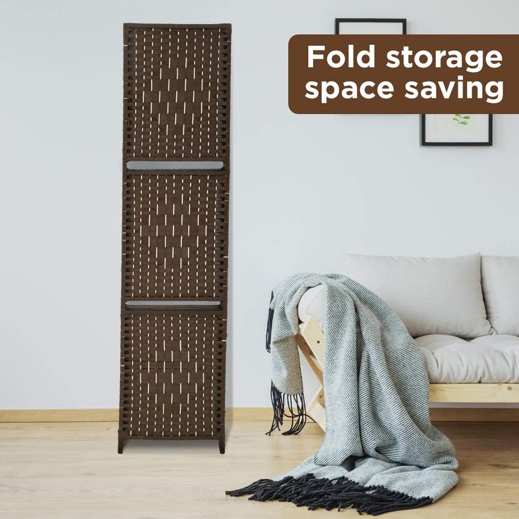 Room Divider and Folding Privacy Screens, 6 Panel Wall Wood Folding Screen Partitions with Removable Storage Shelves, 6FT Divider Freestanding Partition for Home Office Bedroom, Brown