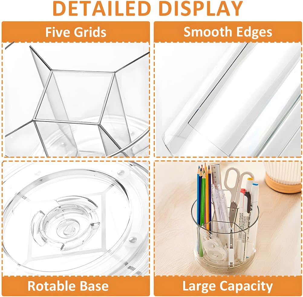 360 Degree Rotating Desk Organizer, Dual-Purpose Pencil Pen Holder, Rotating Desk Pen Organizer with 5 Compartments, Marker Caddy Pencil Cup for Office, Home, School (Clear)