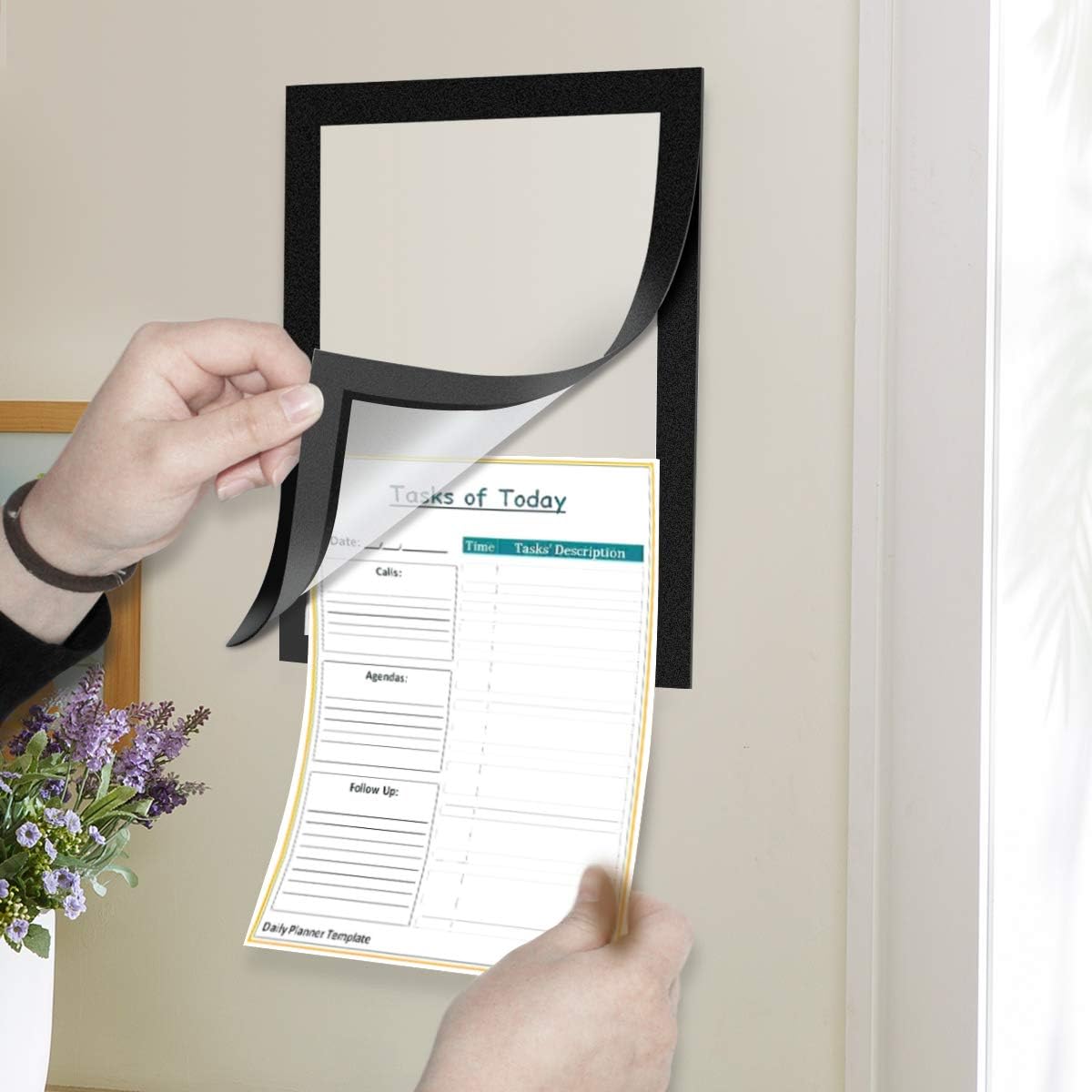 Document Sign Holder Pockets with Adhesive Back, Plastic Poster Picture Notice Display Frame for Window/Door/Wall/Cabinet, 8.5 x 11.6 Inches, Black, 6 Pack