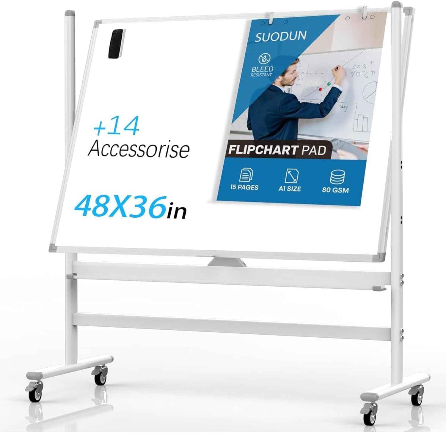 Rolling Whiteboard 48"x36" Magnetic Dry Erase Board with Stand, Double Sided Mobile Whiteboard on Wheels, Non-Foldable Large Portable White Board for Office, Classroom & Home