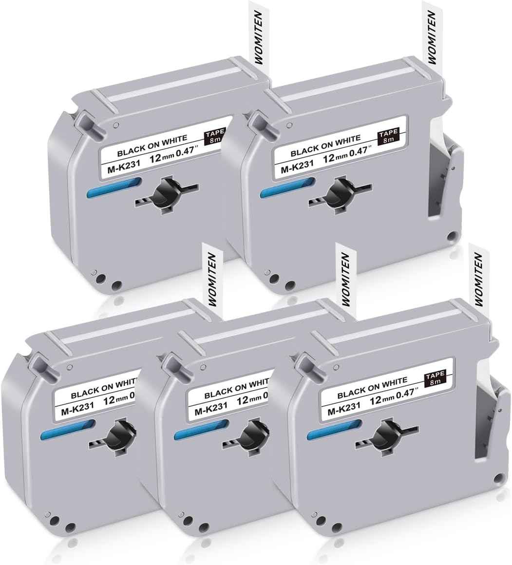 M-K231 PTouch M Tape 12mm 0.47 White Replace for Brother Label Maker Refills, M-K231s MK231 M231 Label Tape for P Touch PT-M95 PT-90 PT-80 PT-70 PT-65 PT-55 PT-45, 5PK