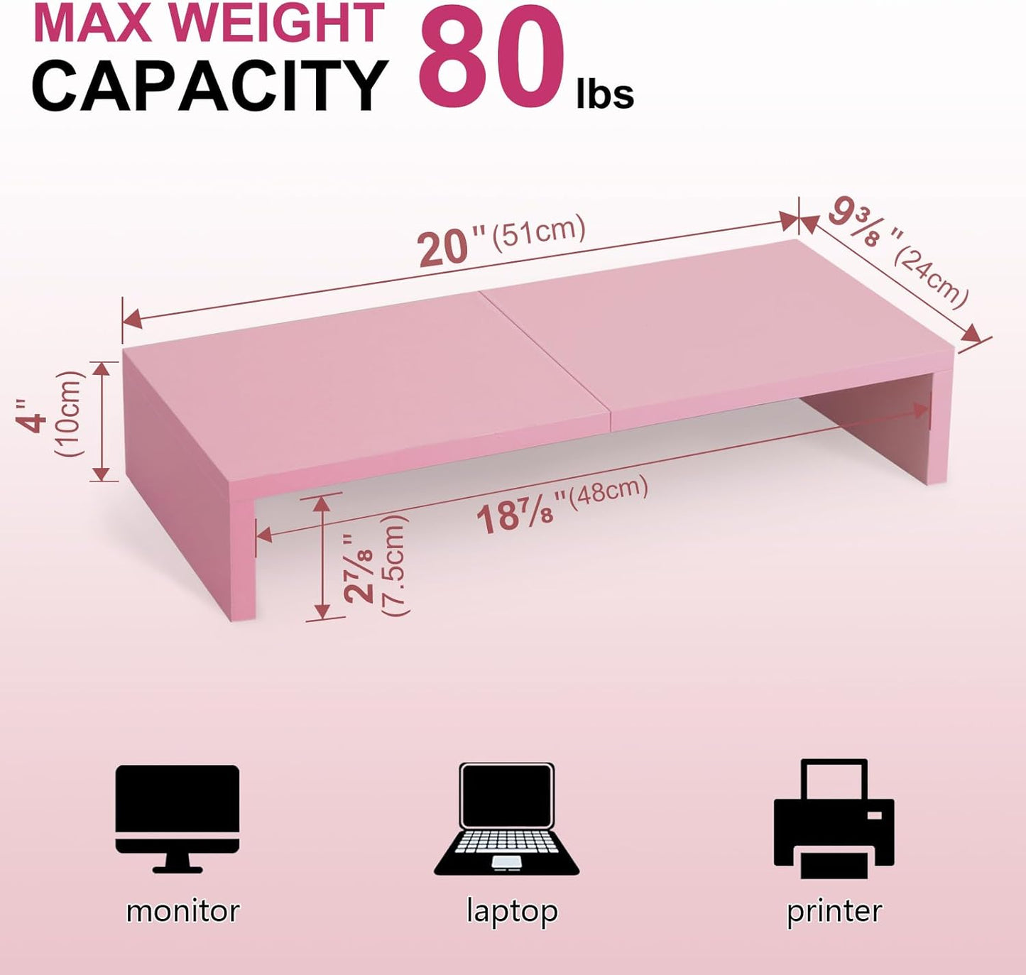 TEAMIX 2 Pack Pink Monitor Riser-20L inch, Cute Monitor Stand for Desk, Wood Sturdy TV/Screen/PC/Printer/Laptop Riser, Computer Shelf with Storage Desktop Organizer for Home Office