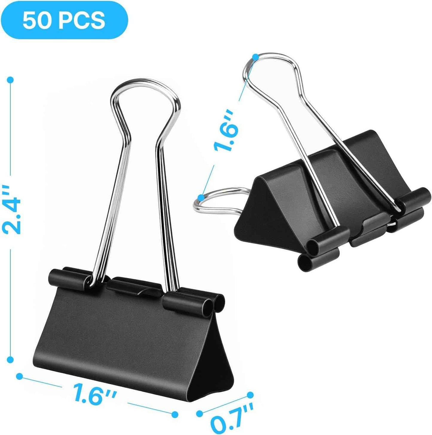 OWLKELA 1.6 Inch (50 Pack) Large Binder Clips, Black Paper Clamps for Office, School, and Home Supplies