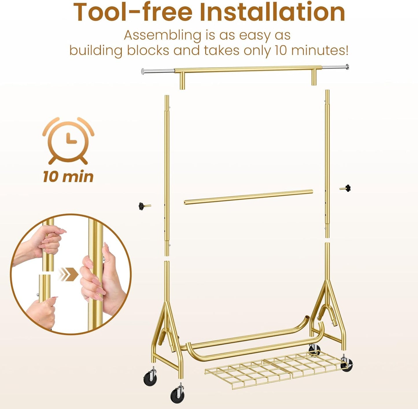 Double Rods Clothing Rack, Heavy Duty Clothes Rack for Hanging Clothes Load 560LBS, Metal Rolling Garment Racks with Wheels, Freestanding Clothes Hanging Racks, Gold - Lumora Desk