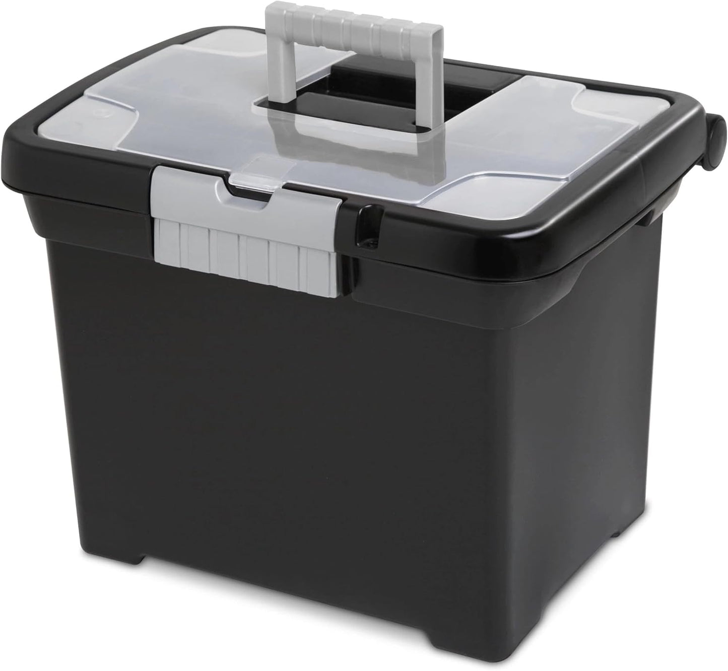 Portable File Storage Box with Handle, Stackable and Lockable Document Organizer, Plastic Filing Box for Home Office, Closet, 15 x 10.9 x 11.5 Inches, Black