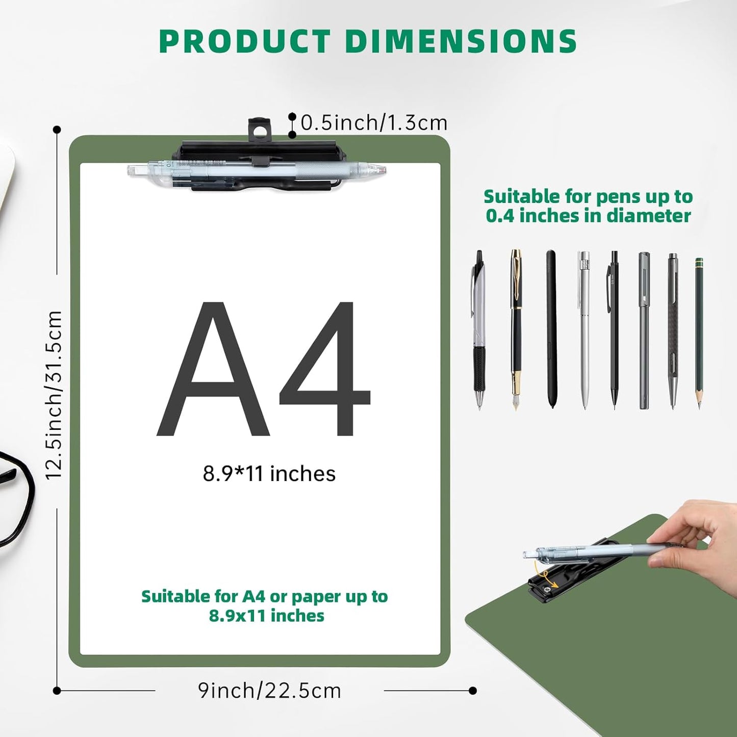 Clipboard with Pen Holder, 6 Pack Plastic Clipboard with Low Profile Metal Clip, Hanging Clip Boards Holds 8.5x11 Inch Papers, Standard A4 Letter Size Clip Boards for Offices & School, Green